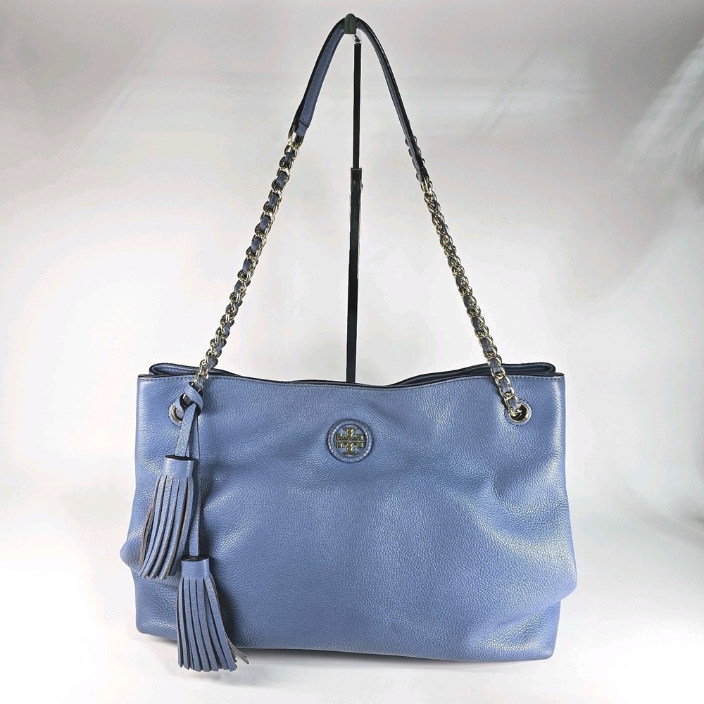 Tory Burch Whipstitch Tassel Chain Strap Leather Tote Wallis Blue Gold Pebbled